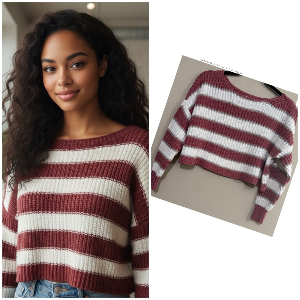 American Eagle Outfitters Maroon and White Striped Cropped Sweater Women's Sz S